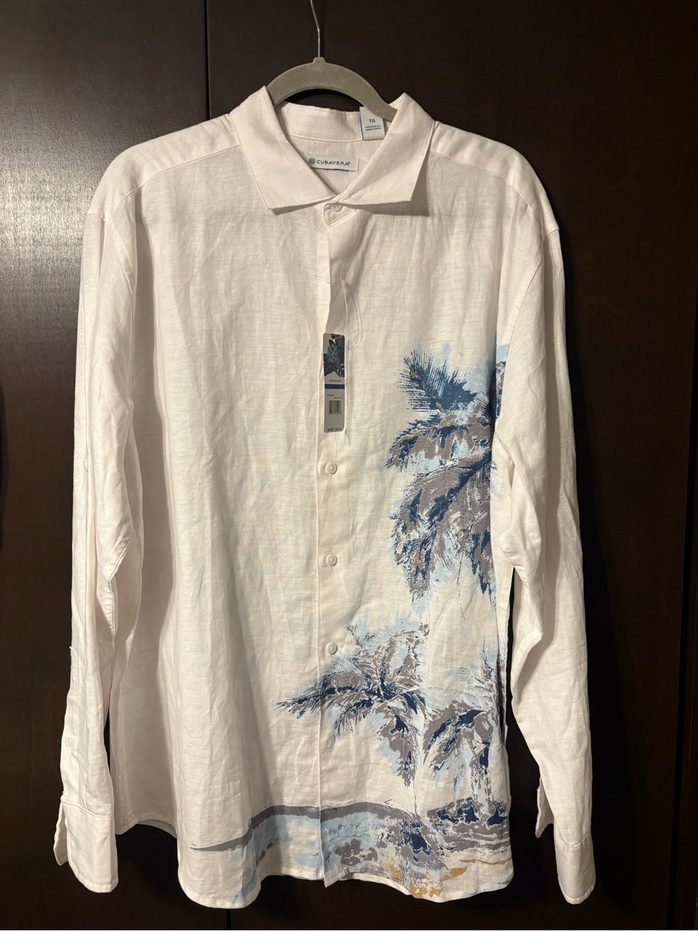 Cubavera White Linen Button-Down Shirt with Blue Palm Print